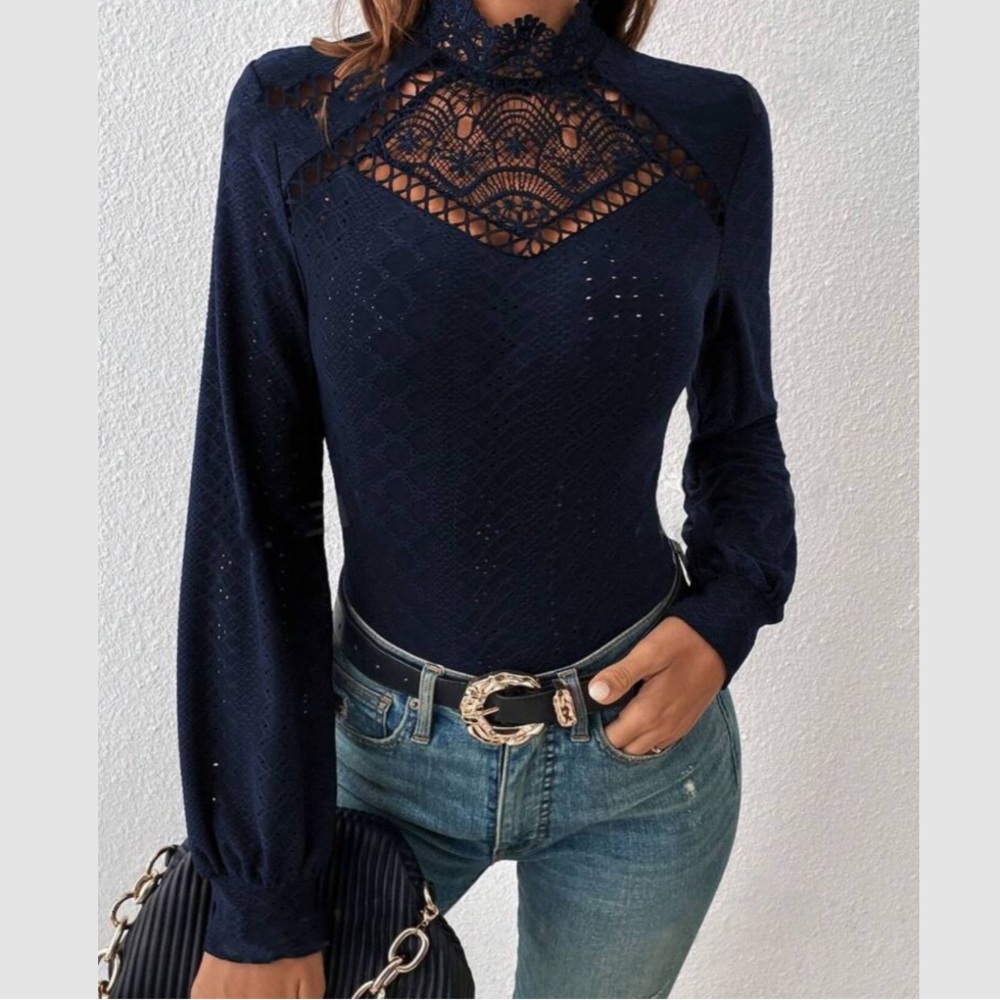 Boho navy blue contrast lace long sleeve blouse